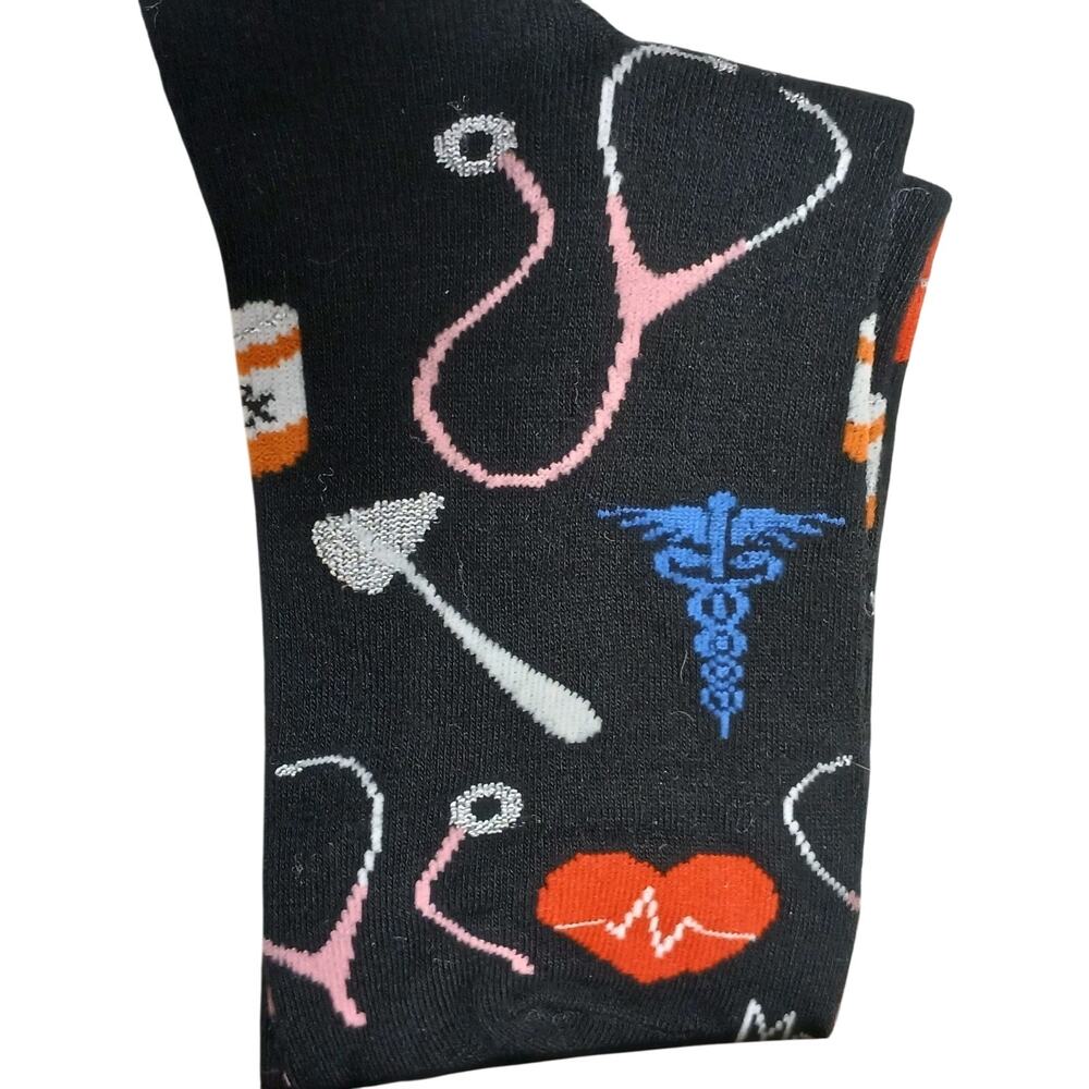 Doctor Nurse Fun Novelty Socks Black Men's Size 9-11 Medical Stethoscope Design